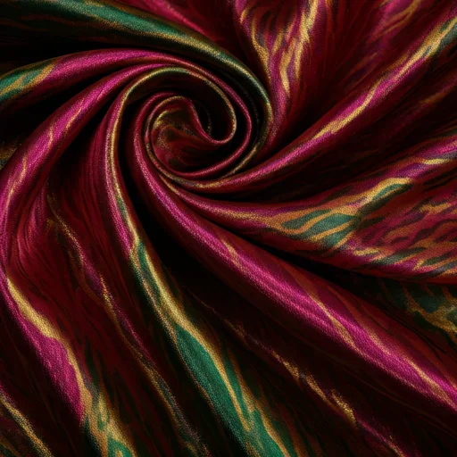 Vibrant khan-atlas silk with magenta, emerald, and gold patterns